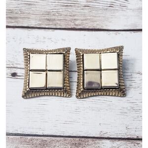 Vintage Clip On Earrings - Gold Tone Statement Square Design 1"